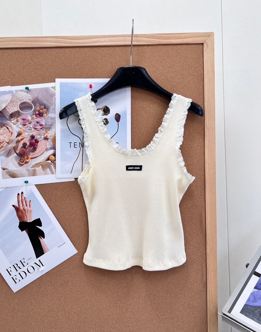 Miu Miu Cream Lace Trim Ribbed Crop Tank Top